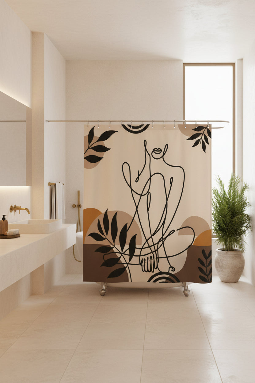 A shower curtain featuring a minimalist black line art illustration of a seated figure, surrounded by abstract organic shapes and leafy motifs in beige, brown, and mustard tones. The curtain is shown hanging from silver rings on a white rod, with a white bathtub partially visible underneath.