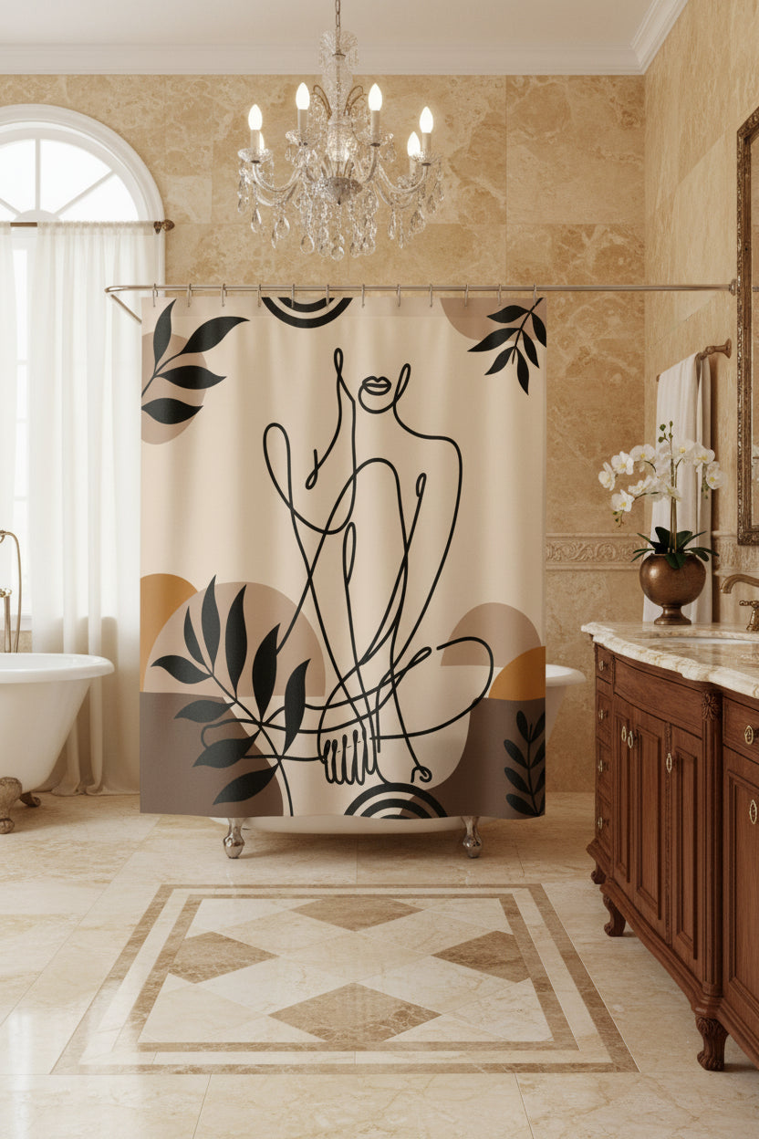 A shower curtain featuring a minimalist black line art illustration of a seated figure, surrounded by abstract organic shapes and leafy motifs in beige, brown, and mustard tones. The curtain is shown hanging from silver rings on a white rod, with a white bathtub partially visible underneath.