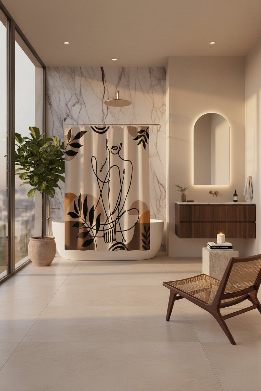 A shower curtain featuring a minimalist black line art illustration of a seated figure, surrounded by abstract organic shapes and leafy motifs in beige, brown, and mustard tones. The curtain is shown hanging from silver rings on a white rod, with a white bathtub partially visible underneath.