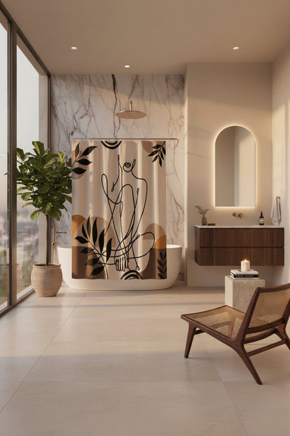 A shower curtain featuring a minimalist black line art illustration of a seated figure, surrounded by abstract organic shapes and leafy motifs in beige, brown, and mustard tones. The curtain is shown hanging from silver rings on a white rod, with a white bathtub partially visible underneath.