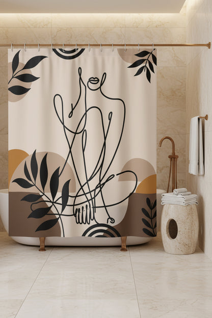 A shower curtain featuring a minimalist black line art illustration of a seated figure, surrounded by abstract organic shapes and leafy motifs in beige, brown, and mustard tones. The curtain is shown hanging from silver rings on a white rod, with a white bathtub partially visible underneath.