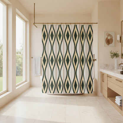 A shower curtain featuring a repeating vertical geometric pattern of dark green and beige diamonds on a light cream background, shown hanging from silver hooks against a white studio background.