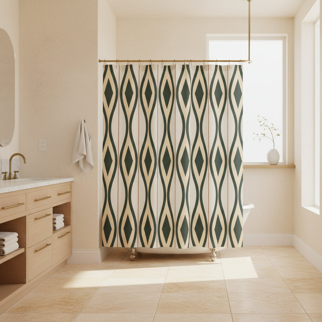 A shower curtain featuring a repeating vertical geometric pattern of dark green and beige diamonds on a light cream background, shown hanging from silver hooks against a white studio background.