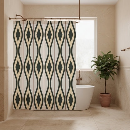 A shower curtain featuring a repeating vertical geometric pattern of dark green and beige diamonds on a light cream background, shown hanging from silver hooks against a white studio background.