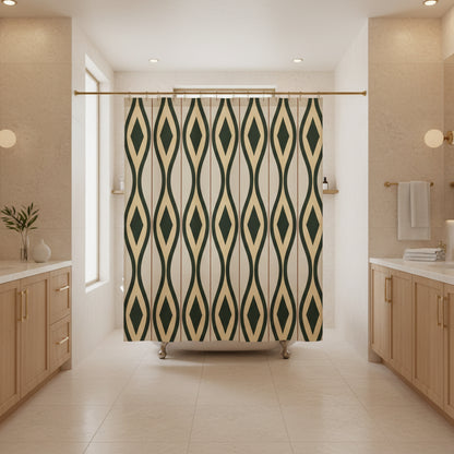 A shower curtain featuring a repeating vertical geometric pattern of dark green and beige diamonds on a light cream background, shown hanging from silver hooks against a white studio background.