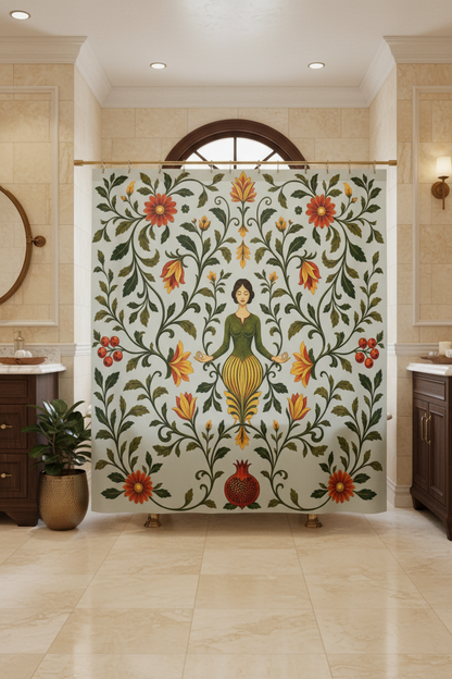 A shower curtain featuring a vintage botanical illustration with a central female figure surrounded by red flowers, orange blossoms, green leaves, and pomegranates on a pale gray background.