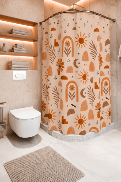 Floral Shower Curtain, Dusty Pink Terracotta Botanical Bath Decor, Modern Earthy Boho Chic Bath Curtain, Vintage Celestial Neutral Gift