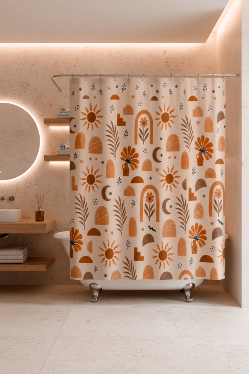 Floral Shower Curtain, Dusty Pink Terracotta Botanical Bath Decor, Modern Earthy Boho Chic Bath Curtain, Vintage Celestial Neutral Gift
