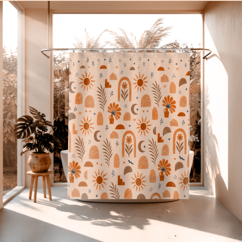 Floral Shower Curtain, Dusty Pink Terracotta Botanical Bath Decor, Modern Earthy Boho Chic Bath Curtain, Vintage Celestial Neutral Gift