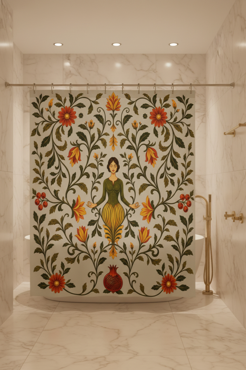 A decorative shower curtain hanging in a marble bathroom. The curtain features a cream background with an intricate botanical pattern of green leaves, orange and red flowers, and a central figure of a woman in a green top and yellow skirt.