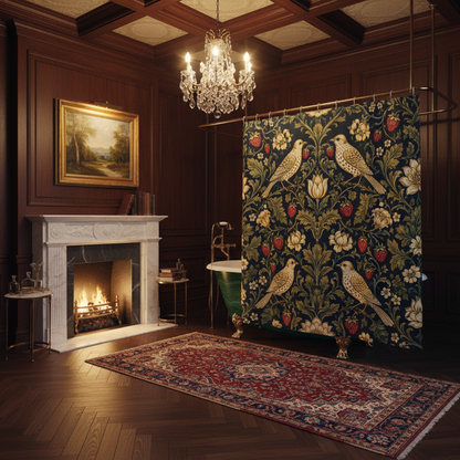 A shower curtain featuring a classic William Morris-style floral and bird pattern on a dark navy background, with gold, beige, and red details. The curtain is shown hanging from silver rings on a white rod, with a white bathtub edge visible at the bottom.