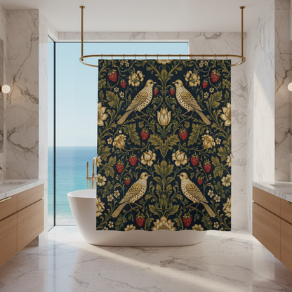 A shower curtain featuring a classic William Morris-style floral and bird pattern on a dark navy background, with gold, beige, and red details. The curtain is shown hanging from silver rings on a white rod, with a white bathtub edge visible at the bottom.