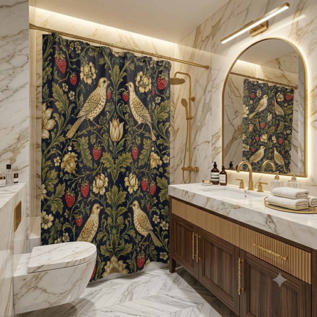William Morris Style Strawberry Thief Shower Curtain