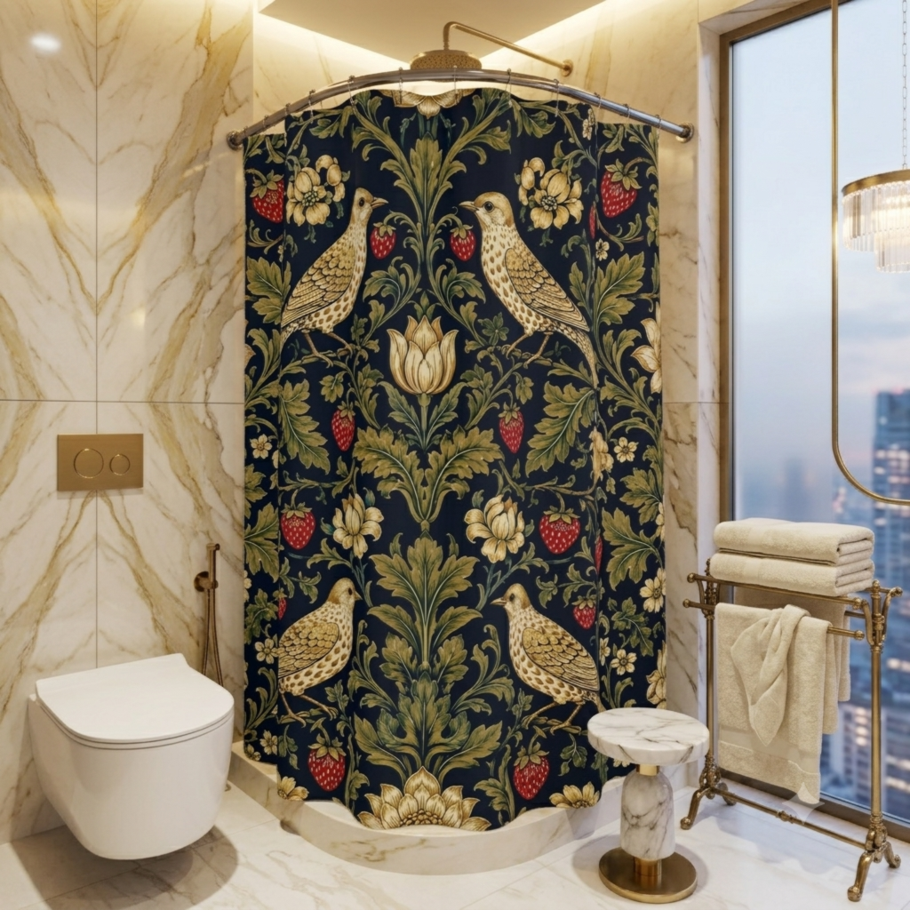 William Morris Style Strawberry Thief Shower Curtain